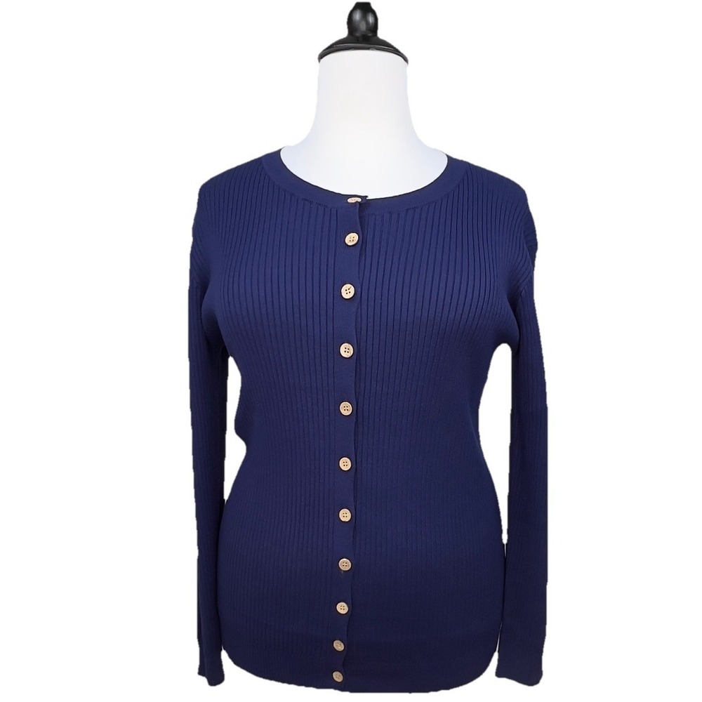 NWT Lularoe Sweater Cardigan Navy Ribbed Button Up Wood Buttons Stretchy Sz 2 XL